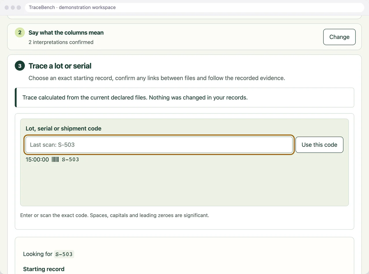 TraceBench Lot, serial or shipment code field with shipment S-503 entered, showing Looking for S-503