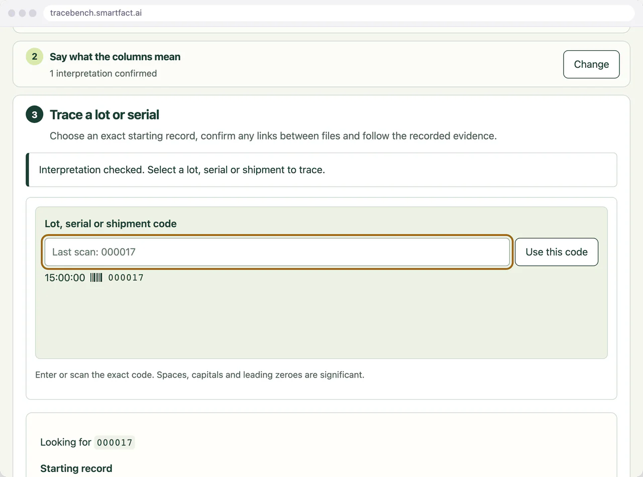 TraceBench Lot, serial or shipment code field with 000017 entered and Looking for 000017 below it