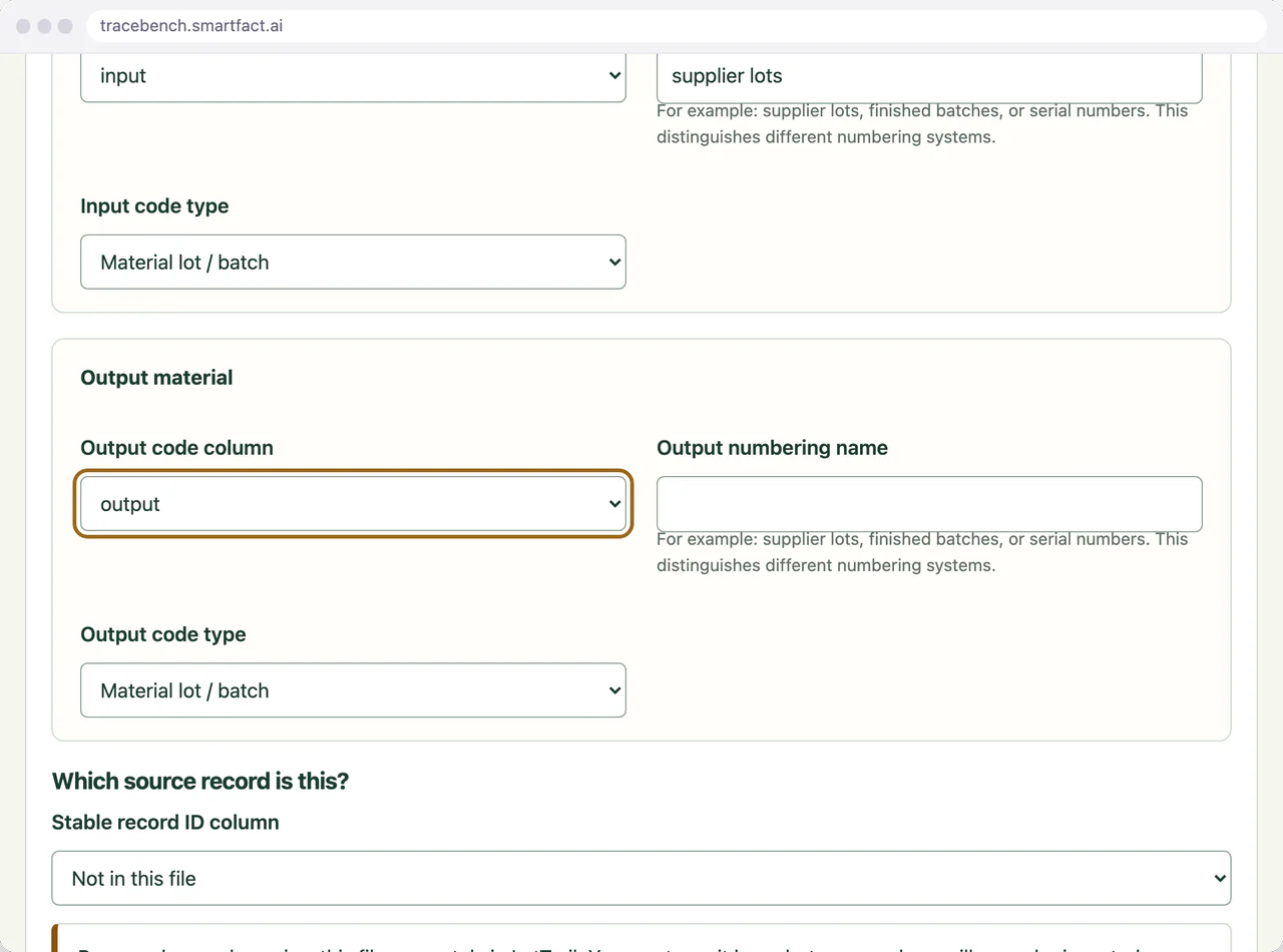 TraceBench production file mapping with input chosen as the Input code column, named supplier lots, and output chosen as the Output code column