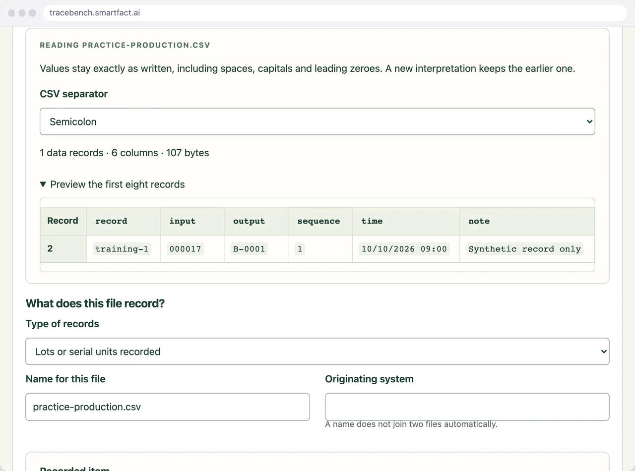 TraceBench preview of the first record of practice-production.csv, with the columns record, input, output, sequence, time and note, and the input code 000017 shown exactly as written