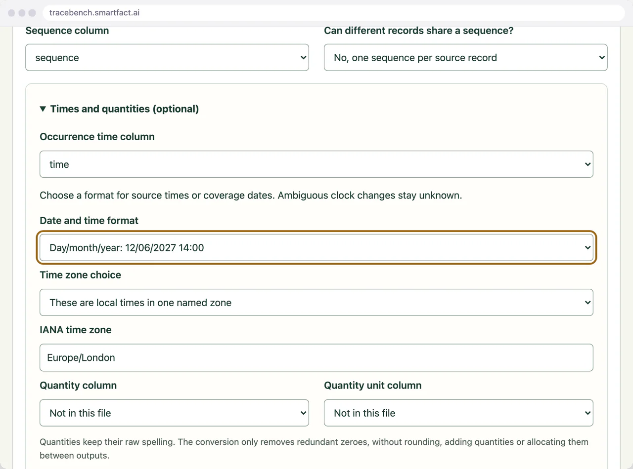 TraceBench Date and time format set to Day/month/year: 12/06/2027 14:00 for the time column of practice-production.csv