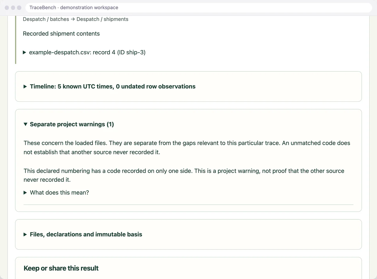 TraceBench separate project warnings, explaining that they concern the loaded files and that an unmatched code does not establish that another source never recorded it