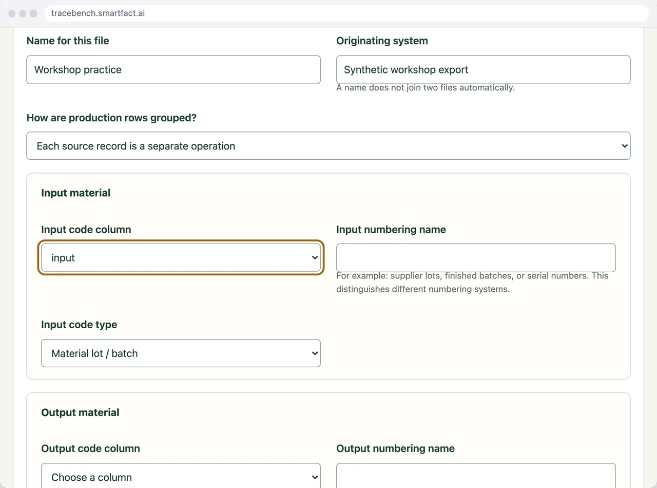 TraceBench production file mapping with the input column chosen as the Input code column