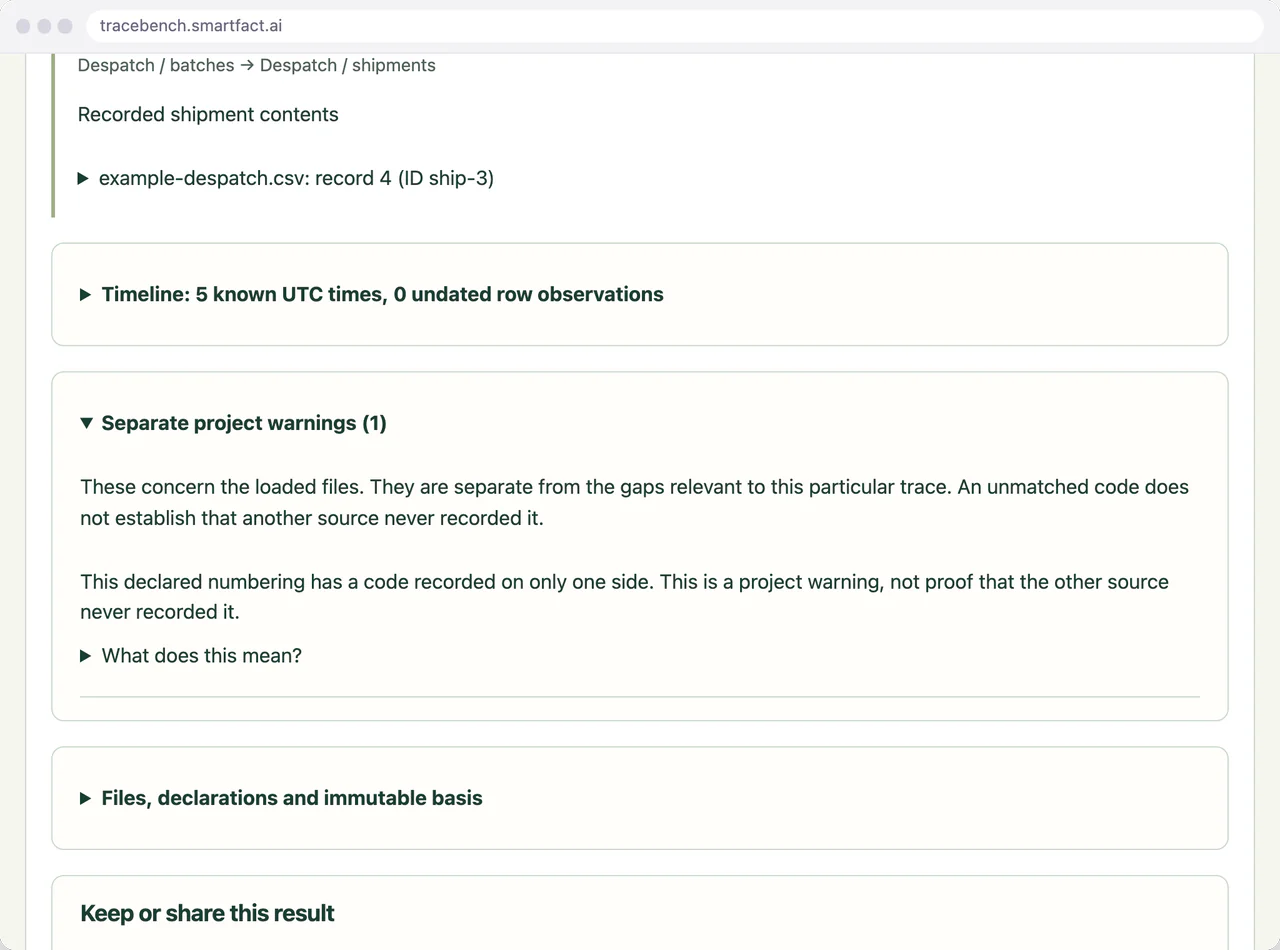 TraceBench Separate project warnings (1), explaining that they concern the loaded files and that an unmatched code does not establish that another source never recorded it